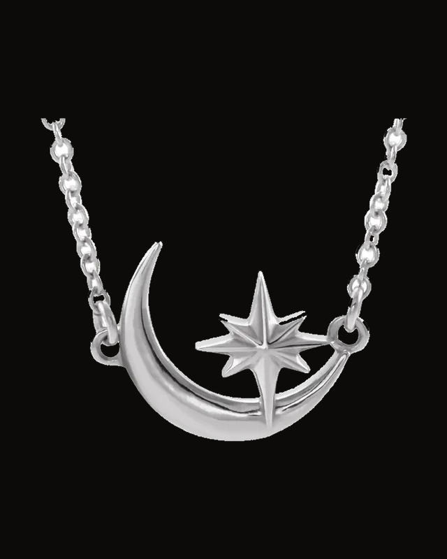 Crescent Moon & Star Necklace or Center — Rhodium-Plated on 14K White Gold