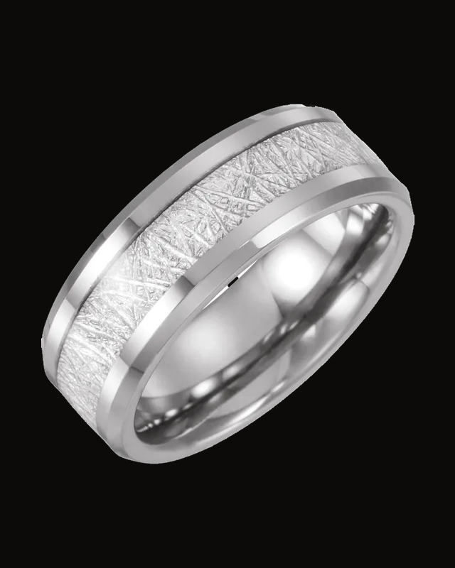 Beveled-Edge Imitation Meteorite Inlay Comfort-Fit Band — Tungsten · 8 mm