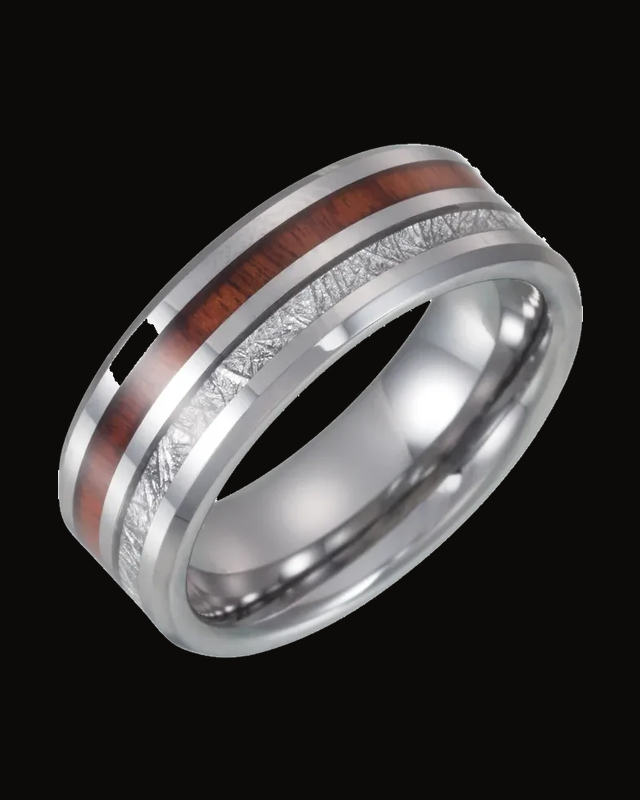 Beveled-Edge Imitation Meteorite & Acacia Wood Inlay Comfort-Fit Band — Tungsten · 8 mm