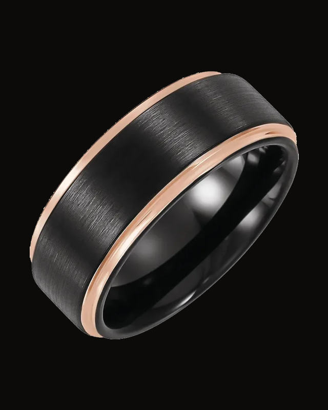 Stepped-Edge Comfort-Fit Flat Band With 18K Rose Gold And Black Pvd — 18K Rose Gold PVD & Black PVD Tungsten