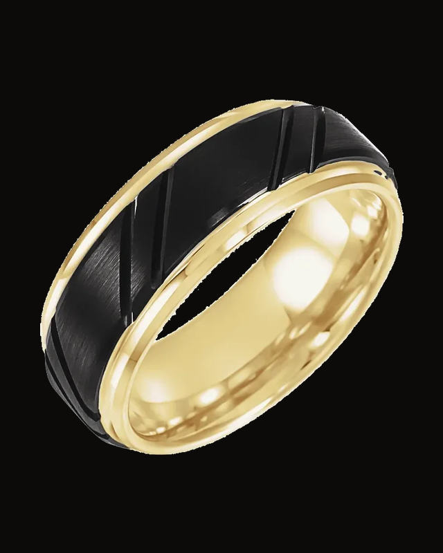 Stepped-Edge Grooved Comfort-Fit Band Withn 18K Yellow Gold And Black Pvd — 18K Yellow Gold PVD & Black PVD Tungsten