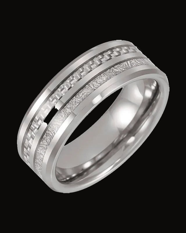 Beveled-Edge Imitation Meteorite & Carbon Fiber Inlay Comfort-Fit Band — Tungsten
