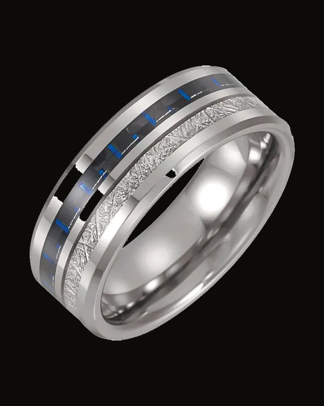 Beveled-Edge Imitation Meteorite & Carbon Fiber Inlay Comfort-Fit Band — Tungsten