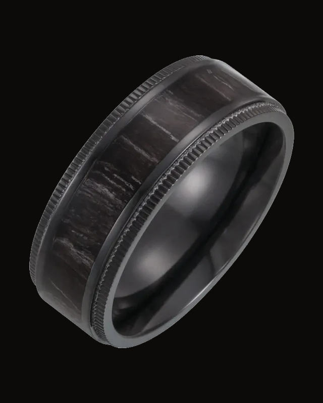 Coin-Edge Oak Wood Inlay Comfort-Fit Band — Black Titanium · 8 mm