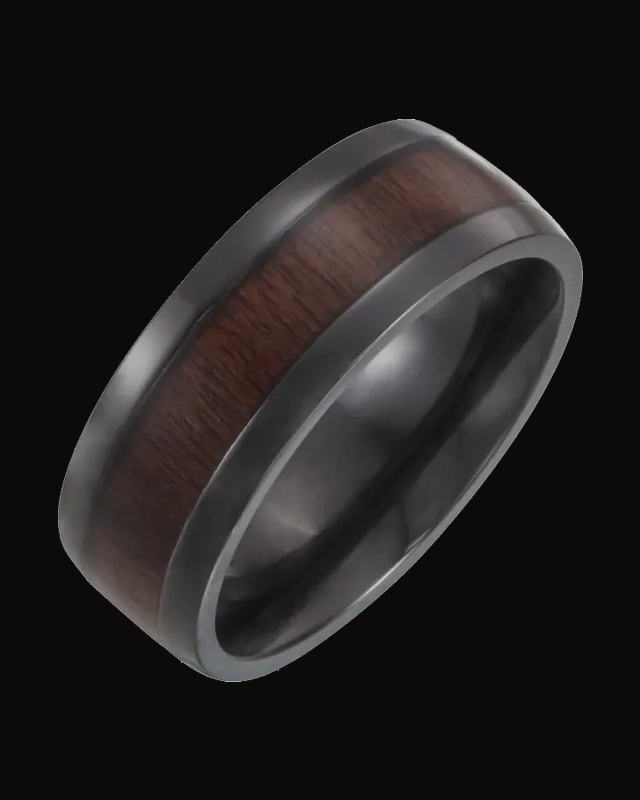 Beveled-Edge Ebony Wood Inlay Comfort-Fit Band — Black Titanium · 8 mm