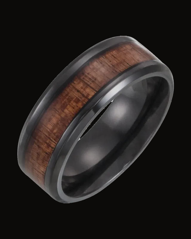 Beveled-Edge Hawaiian Koa Wood Inlay Comfort-Fit Band — Black Titanium · 8 mm