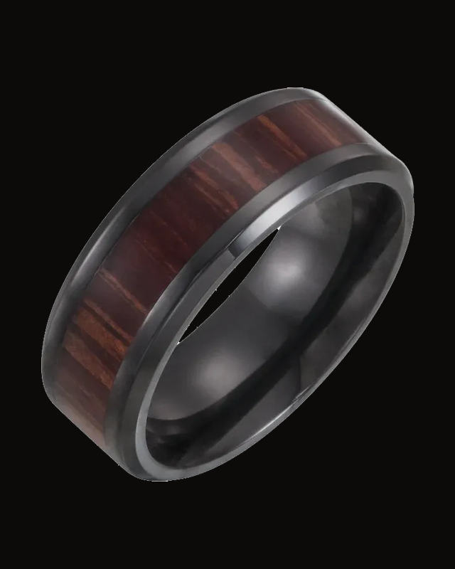 Beveled-Edge Wood Inlay Comfort-Fit Band — Black Titanium · 8 mm