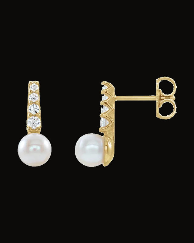 Cultured White Freshwater Pearl And 1/6 CTW Natural Diamond Earrings — 14K Yellow Gold