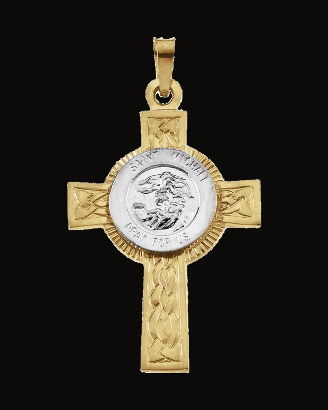 St. Michael Cross Pendant — Rhodium-Plated on 14K Yellow & White Gold