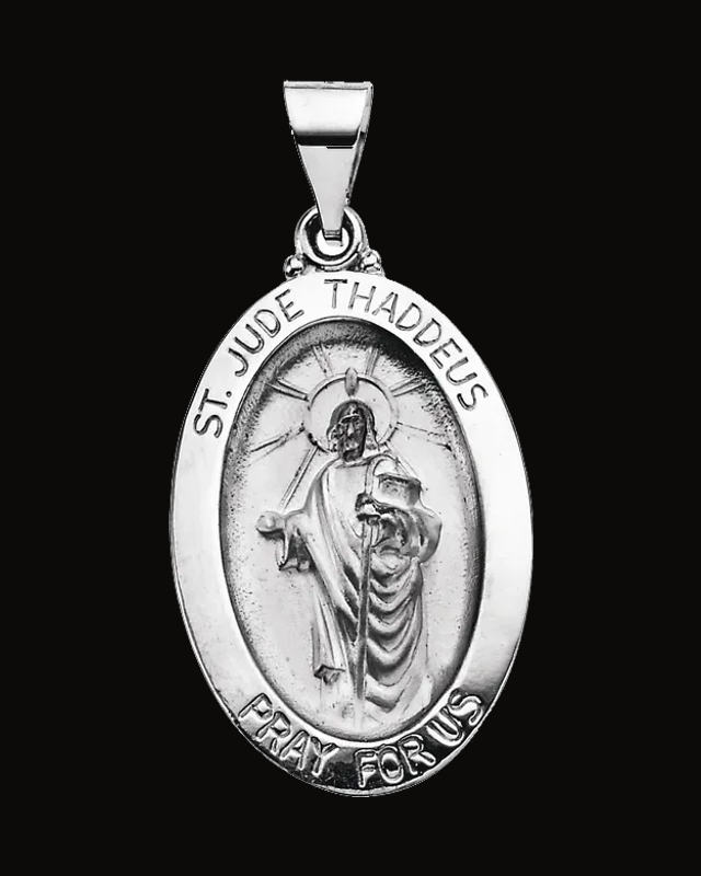 Oval Hollow St. Jude Thaddeus Medal — Rhodium-Plated on 14K White Gold