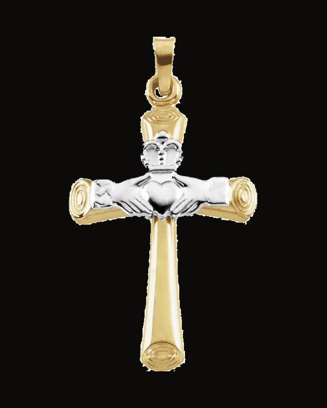 Hollow Claddagh Cross Pendant — Rhodium-Plated on 14K Yellow & White Gold