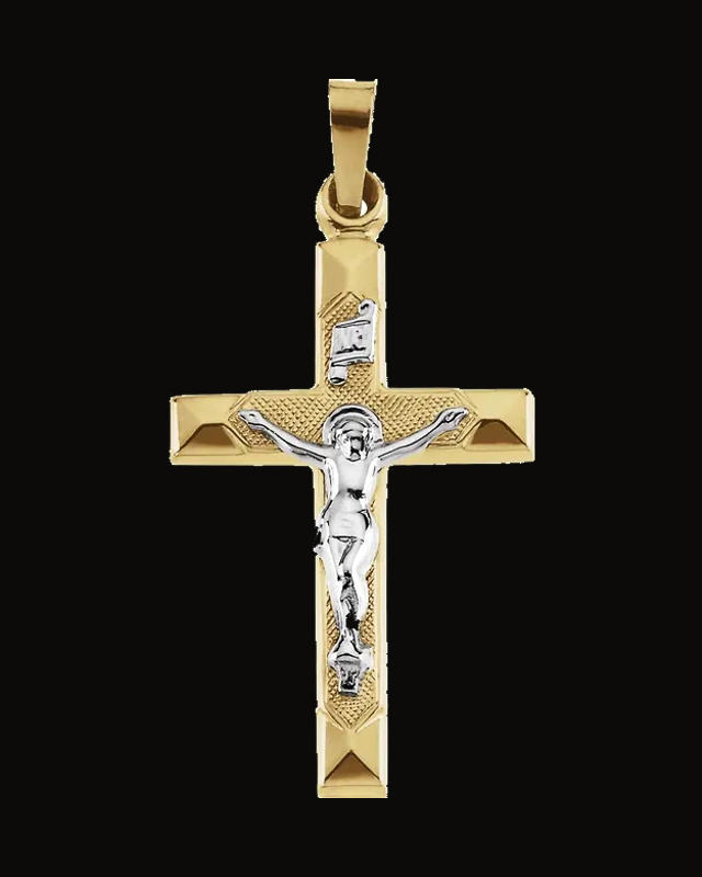 Two Tone Crucifix Pendant — Rhodium-Plated on 14K Yellow & White Gold — Hollow