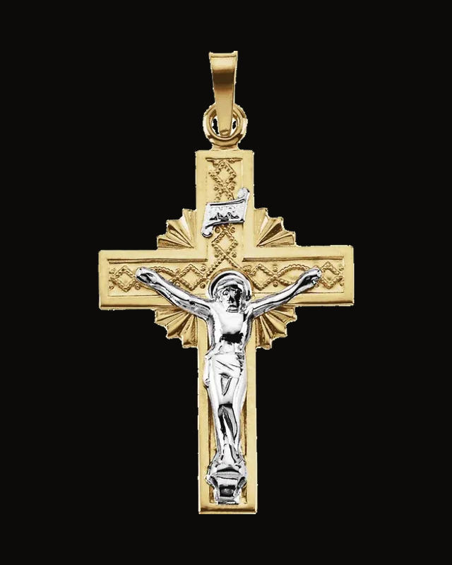 Two Tone Crucifix Pendant — Rhodium-Plated on 14K Yellow & White Gold