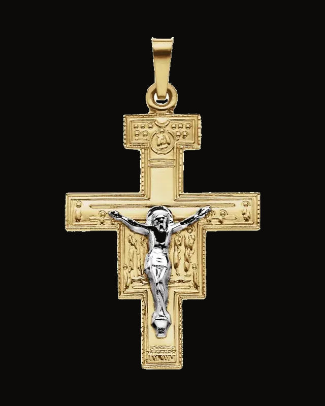 San Damiano Crucifix Pendant — Rhodium-Plated on 14K Yellow & White Gold
