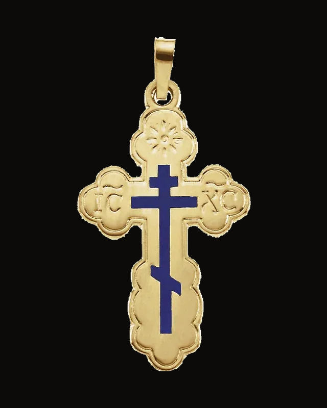 Orthodox Cross Pendant With Blue Enamel — 14K Yellow Gold