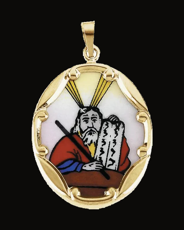 Hand Painted Moses Porcelain Pendant — 14K Yellow Gold