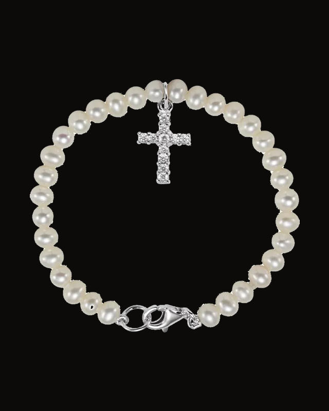 Cultured Freshwater Pearl And Cubic Zirconia Bracelet — Rhodium-Plated on Sterling Silver