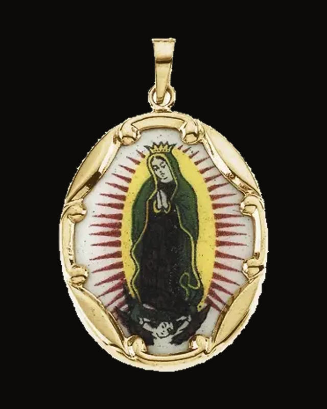 Hand Painted Our Lady of Guadalupe Porcelain Medal — 14K Yellow Gold