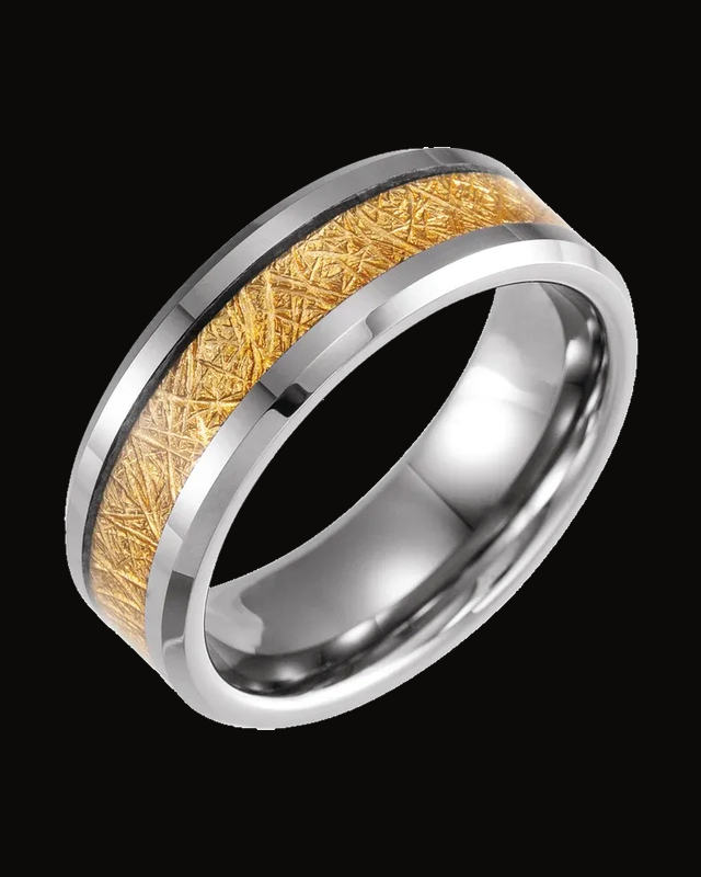 Beveled-Edge Imitation Gold Meteorite Inlay Comfort-Fit Flat Band — Tungsten · 8 mm