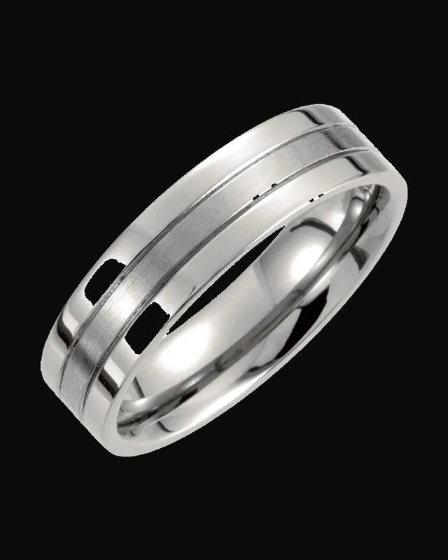 Grooved Comfort-Fit Flat Band with Satin Finish Center — Titanium