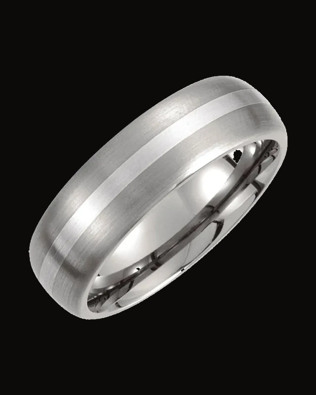 Inlay Comfort-Fit Half Round Band with Satin Finish — Titanium & Sterling Silver · 7 mm
