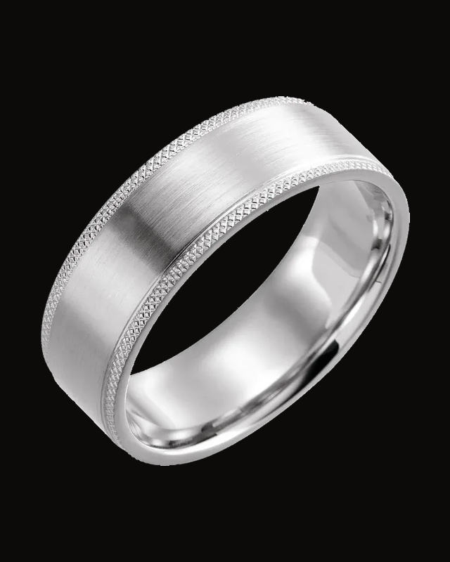Knurled Stepped-Edge Flat Band with Satin Finish — Sterling Silver · 7 mm