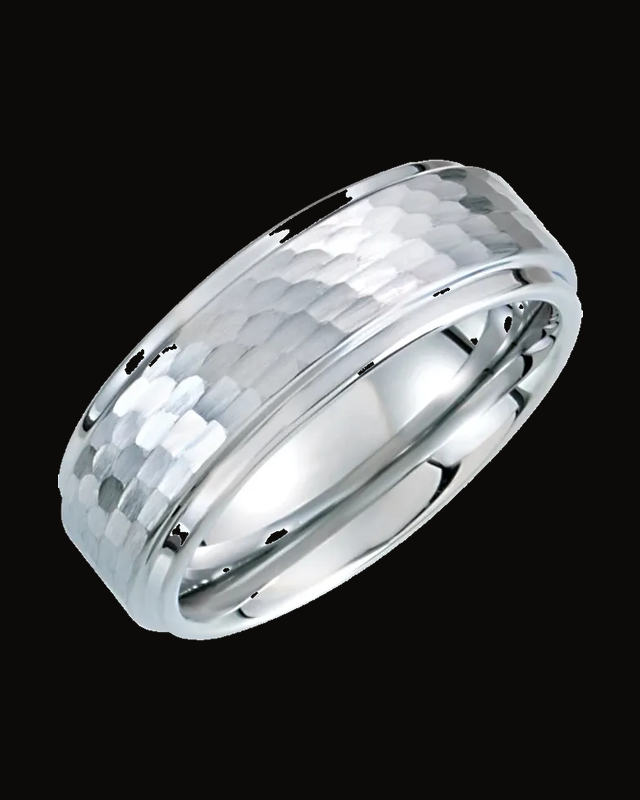 Stepped-Edge Comfort-Fit Flat Band with Bark Finish — White Tungsten / Tungsten