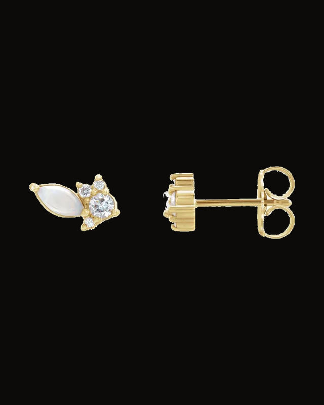 Natural White Opal And 1/6 CTW Natural Diamond Earrings — 14K Yellow Gold