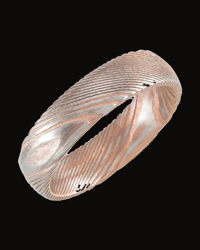 Damascus Comfort-Fit Half Round Band Withn 18K Rose Gold Pvd — 18K Rose Gold PVD Damascus Stainless Steel