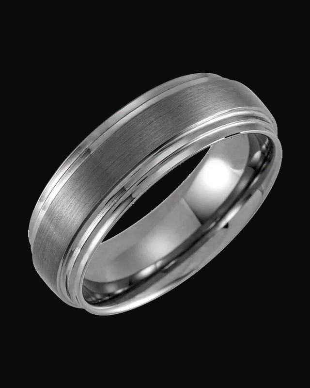 Double Stepped-Edge Inlay Comfort-Fit Band with Satin Finish — Tungsten · 8 mm
