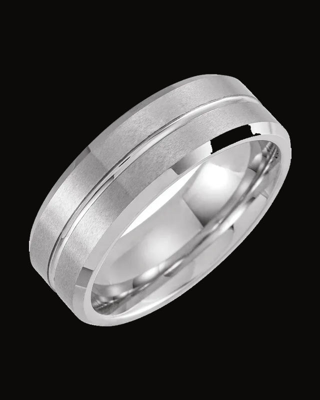 Beveled-Edge Grooved Comfort-Fit Band with Matte Finish — Tungsten · 8 mm