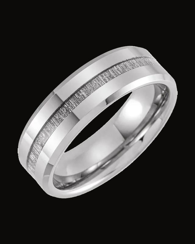 Beveled-Edge Imitation Meteorite Inlay Comfort-Fit Band — Tungsten · 8 mm