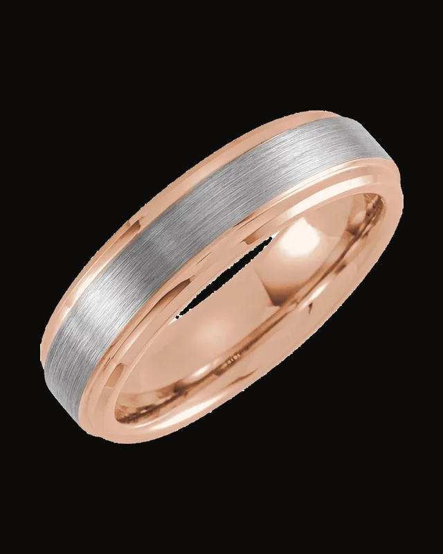 Beveled Stepped-Edge Inlay Comfort-Fit Band With Satin Finish And An 18K Rose Gold Pvd — 18K Rose Gold PVD Tungsten · 6 mm