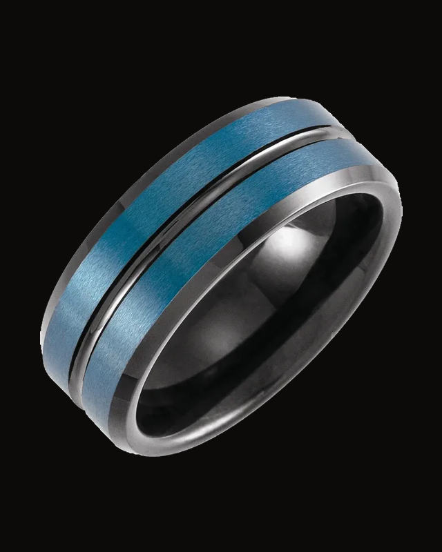Beveled-Edge Grooved Comfort-Fit Band With Black And Blue Pvd — Black & Blue PVD Tungsten — Satin