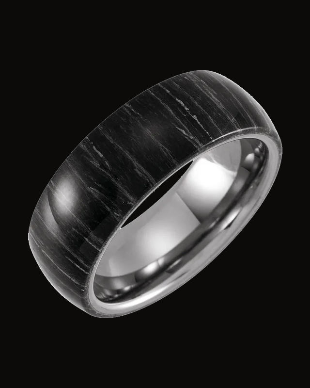 Zebra Wood Inlay Comfort-Fit Half Round Band — Tungsten · 8 mm