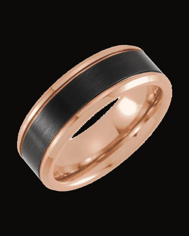 Beveled Stepped-Edge Comfort-Fit Band With Satin Finish And An 18K Rose Gold And Black Pvd — 18K Rose Gold PVD & Black PVD Tungsten · 8 mm