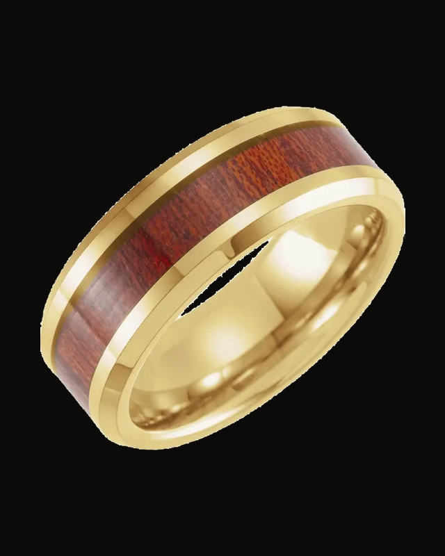 Beveled-Edge Walnut Wood Inlay Comfort-Fit Band Withn 18K Yellow Gold Pvd — 18K Yellow Gold PVD Tungsten · 8 mm