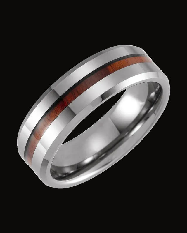 Beveled-Edge Acacia Wood Inlay Comfort-Fit Band — Tungsten · 8 mm