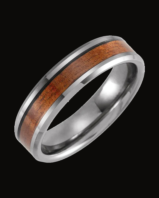 Beveled-Edge Acacia Wood Inlay Comfort-Fit Band — Tungsten · 6 mm