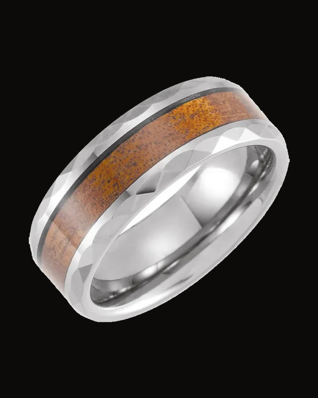 Geometric Faceted Beveled-Edge Acacia Wood Inlay Comfort-Fit Band — Tungsten · 8 mm