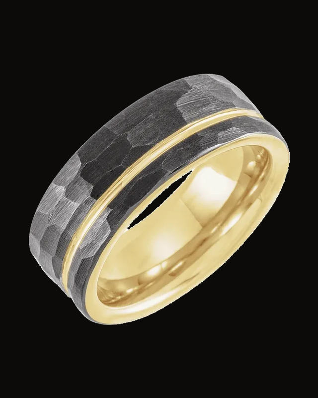 Grooved Comfort-Fit Flat Band With 18K Yellow Gold Pvd And Black Pvd — 18K Yellow Gold PVD & Black PVD Tungsten · 8 mm