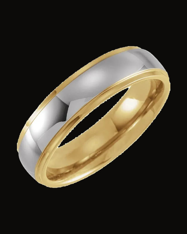 Stepped-Edge Inlay Comfort-Fit Half Round Band Withn 18K Yellow Gold Pvd — 18K Yellow Gold PVD Tungsten · 6 mm