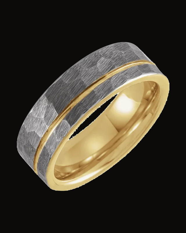 Grooved Comfort-Fit Flat Band With Hammer Finish And An 18K Yellow Gold Pvd — 18K Yellow Gold PVD Tungsten