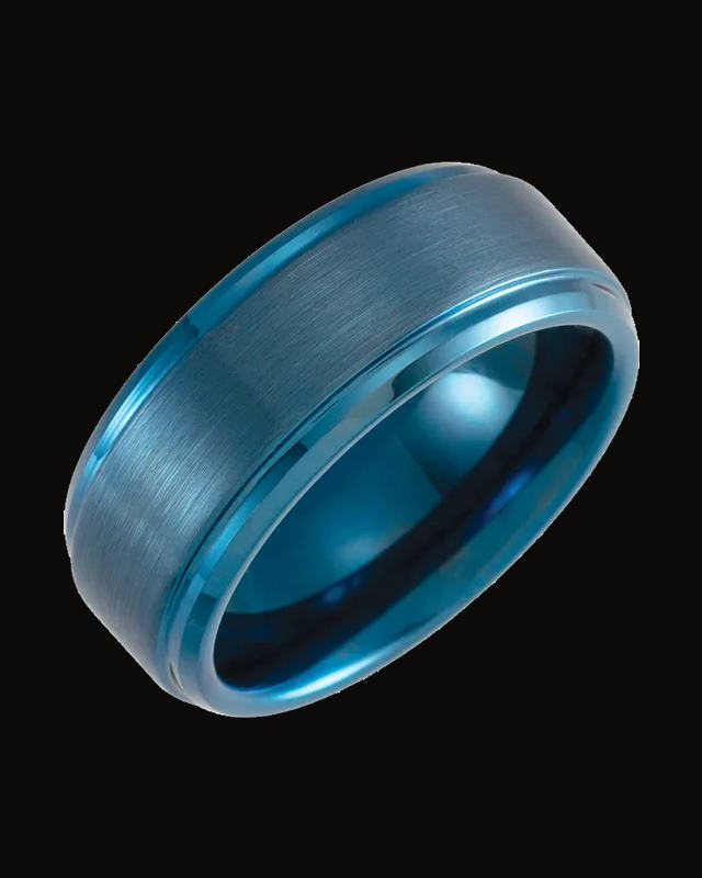 Beveled Stepped-Edge Comfort-Fit Band With Satin Finish And A Blue Pvd — Blue PVD Tungsten · 8 mm