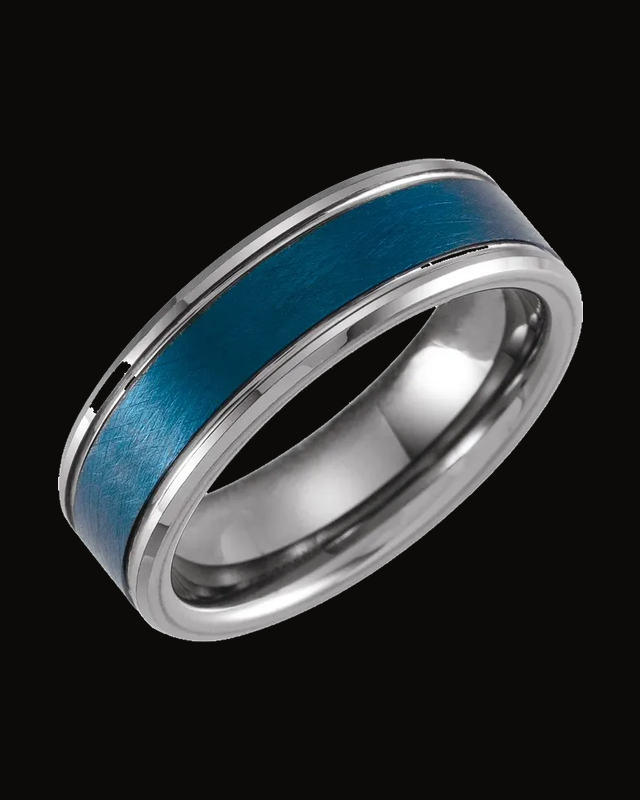 Beveled-Edge Grooved Inlay Comfort-Fit Band with Ice Finish — Blue PVD Tungsten