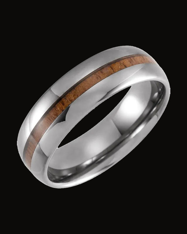 Acacia Wood Inlay Comfort-Fit Half Round Band — Tungsten · 8 mm