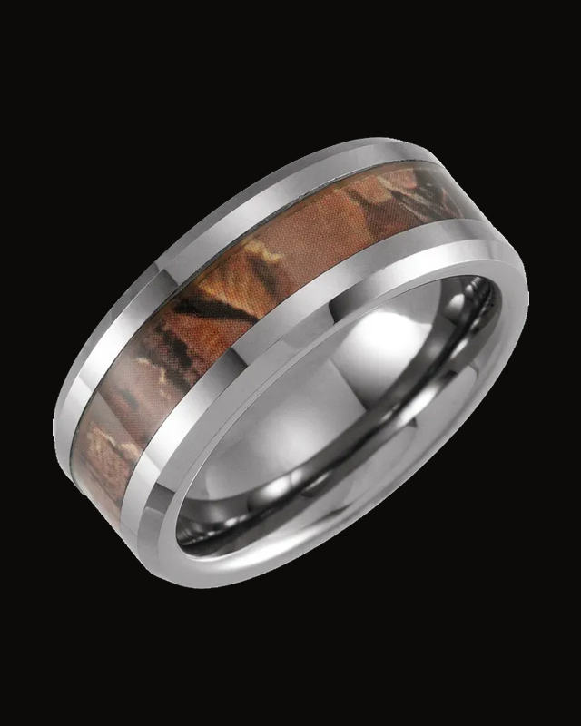 Beveled-Edge Acacia Wood Inlay Comfort-Fit Band — Tungsten · 8 mm