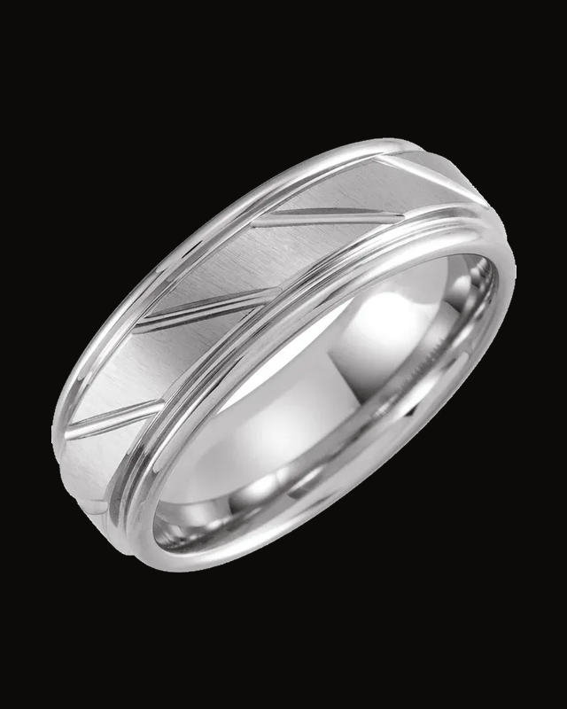 Stepped-Edge Grooved Comfort-Fit Flat Band with Satin Finish — Tungsten · 7 mm