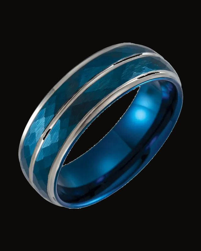Stepped-Edge Grooved Comfort-Fit Band With Hammer Finish And A Blue Pvd — Blue PVD Tungsten · 8 mm