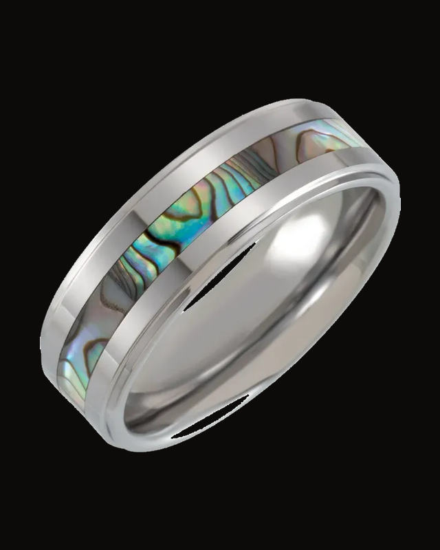 Mother of Pearl Inlay Comfort-Fit Stepped-Edge Band — Tungsten · 8 mm